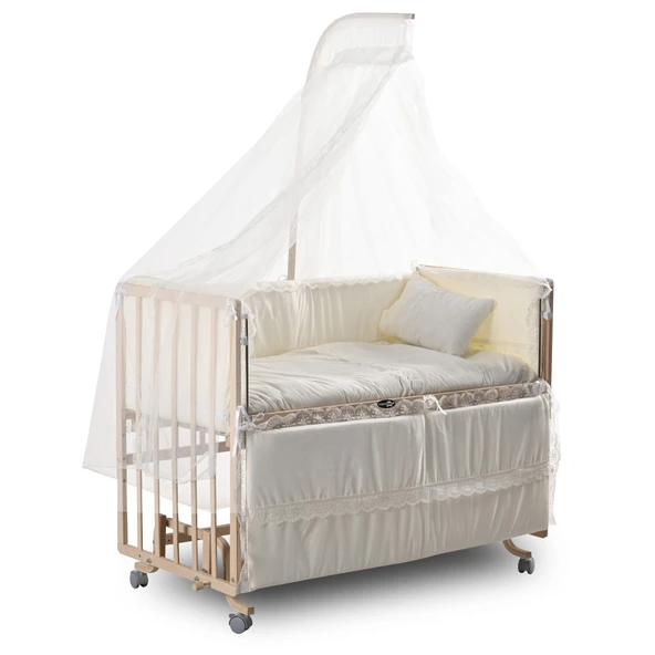 ComfyMax Sallanır Anne Yanı Doğal Ahşap Beşik ve Uyku Seti - 60x120 cm - Resim 3