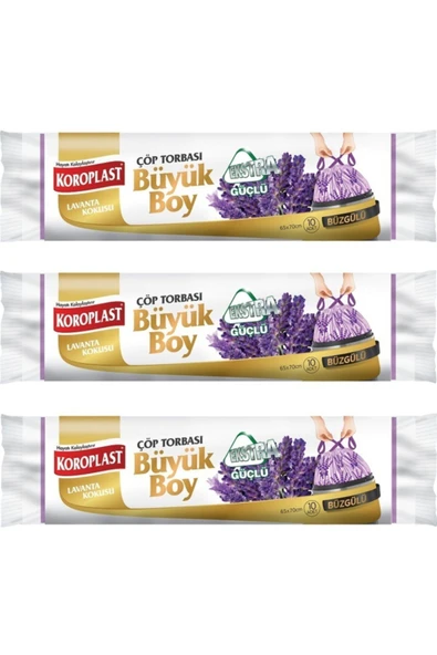 Koroplast Ekstra Güçlü Lavanta Büzgülü Büyük Boy 10lu Çöp Torbası X 3 Paket (65x70 Cm)