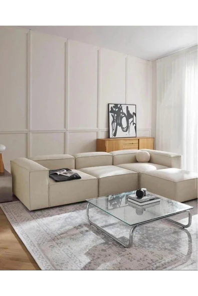 EDSY HOME Mira Relax 4 Modül Köşe Koltuk Krem Keten Kumaş - Resim 2