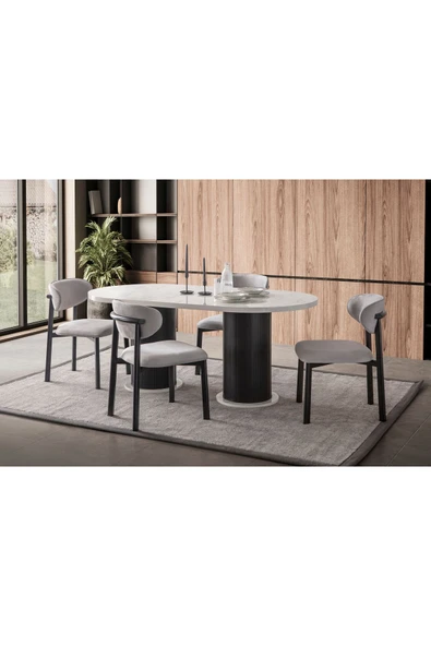 EDSY HOME Mermer Desen Oval 4 Sandalyeli Masa Takımı ( Ayaklar Plastik ) ürün görseli 1