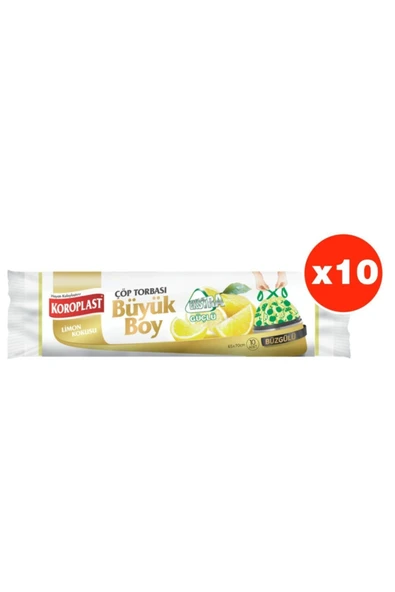 Koroplast Ekstra Güçlü Limon Büzgülü Büyük Boy 10lu Çöp Torbası X 10 Paket (65*70 Cm)