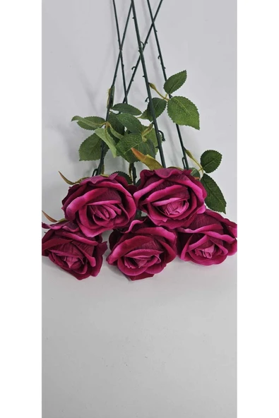 Yapay Kadife Gül 5 Adet koyu pembe 50 cm VazoDekor Gelin Çiçeği ev Süsü - 4