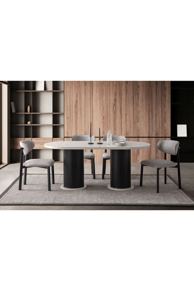 EDSY HOME Mermer Desen Oval 4 Sandalyeli Masa Takımı ( Ayaklar Plastik ) - Resim 2