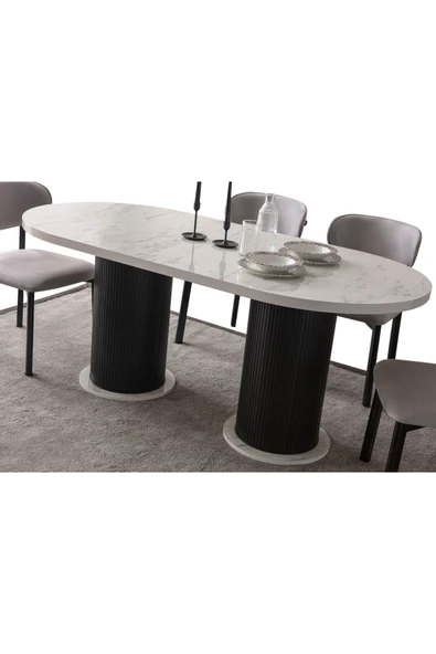EDSY HOME Mermer Desen Oval 4 Sandalyeli Masa Takımı ( Ayaklar Plastik ) - Resim 6