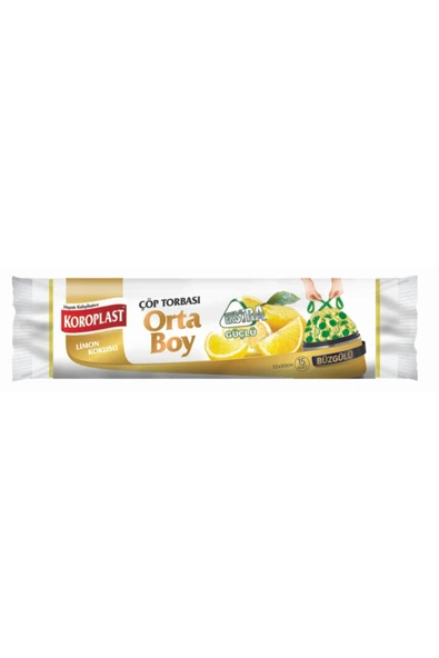 Koroplast Ekstra Güçlü Koku Hapseden Limon Kokulu, Büzgülü Orta Boy Çöp Torbası 15'li