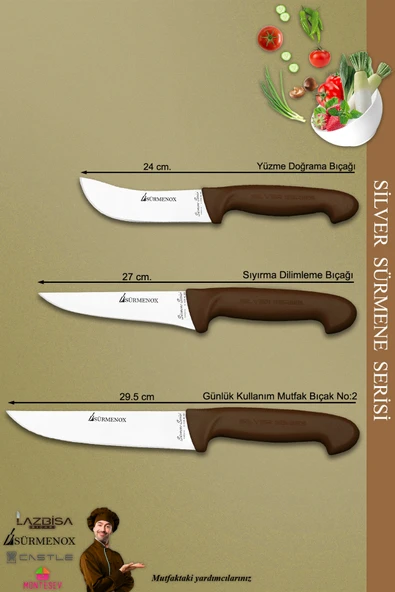 Sürmene Silver Serisi Kahve Sap Mutfak Bıçak Kurban Seti Et Ekmek Sebze Bıçağı 3 Lü Set (Srm-025) - 2