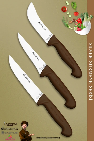 Sürmene Silver Serisi Kahve Sap Mutfak Bıçak Kurban Seti Et Ekmek Sebze Bıçağı 3 Lü Set (Srm-025)