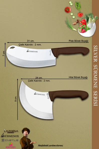 Sürmene Silver Serisi Kahve Sap Mutfak Bıçak Börek Bıçağı Pizza Pide Bıçağı 2 Li Set ( Srm-021 ) - 2