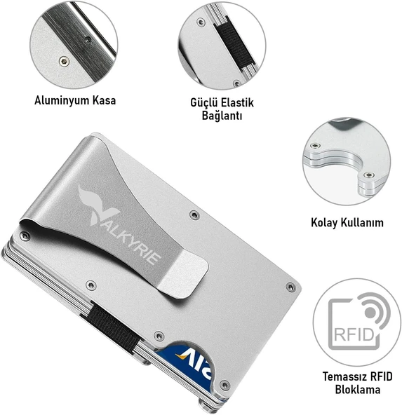 Valkyrie RFID Korumalı Alüminyum Metal 20 Kart Kapasiteli İnce Hafif Güvenli Kartlık Gümüş - 2