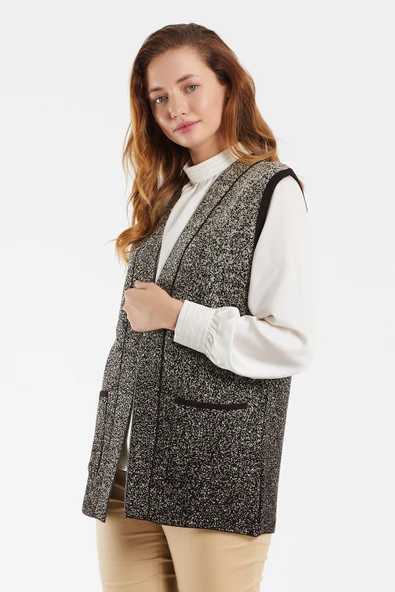 Kadın Siyah Cepli Kolsuz Triko Örme Yelek - Resim 3