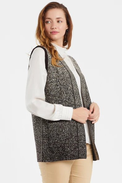 Kadın Siyah Cepli Kolsuz Triko Örme Yelek - Resim 4