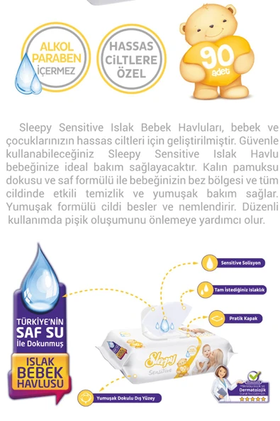 Sleepy Sensitive Islak Havlu - Bebek ıslak mendili 90 'lı 12 adet - Resim 2