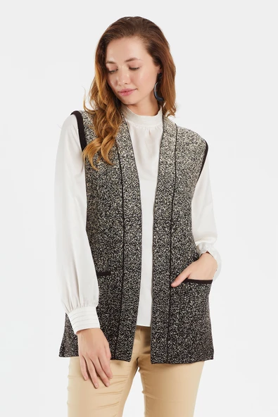 Kadın Siyah Cepli Kolsuz Triko Örme Yelek - Resim 2