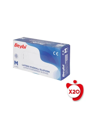 Beybi Lateks Pudralı Orta Boy (M) 100'lü 20 Paket Muayene Eldiveni