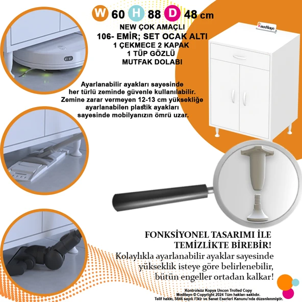 Modilayn DOQU (M) Set Ocak Altı Dolap 60x88x56 cm Çekmeceli, Kapaklı ve 1 Gözlü Tüp Bölmelidir - 7