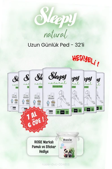 7 AL 6 ÖDE Sleepy Natural Uzun Günlük Ped 32'li ve ROSIE ürün görseli