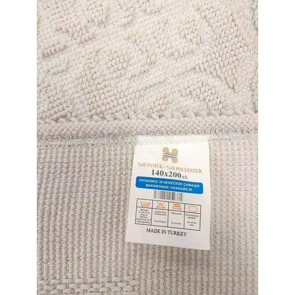 Pamuklu Bukle Lüks Kilim (140x200)-Spiral Düz Krem - 3