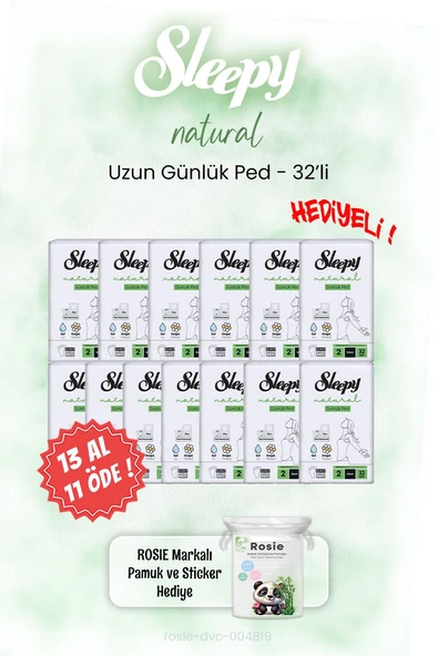 Sleepy 13 AL 11 ÖDE Natural Uzun Günlük Ped 32'li ve ROSIE ürün görseli