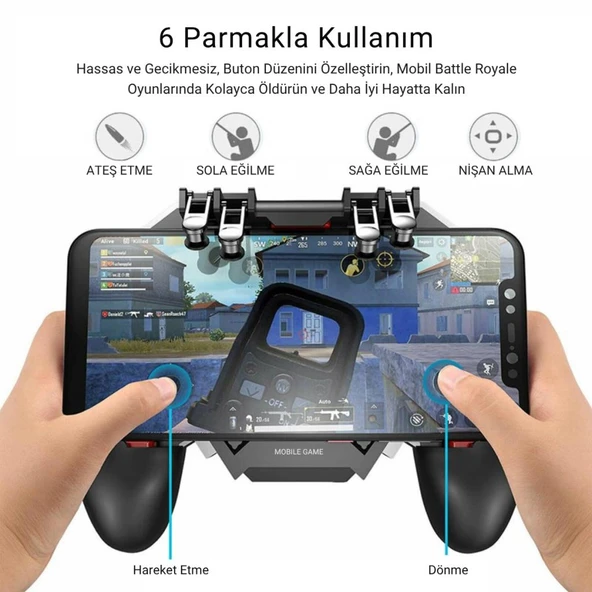 Polham 4000mAh Şarjlı Telefon Soğutucu ve Oyun Kolu, 6 Parmak Mobil Oyun Konsolu, Tüm Telefonlara Uyumlu - 2