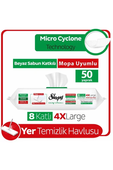 Sleepy Easy Clean Beyaz Sabun + Çamaşır Suyu Katkılı Mopa Uyumlu Yer Temizlik Havlusu 2x50 100 Yaprak - Resim 7