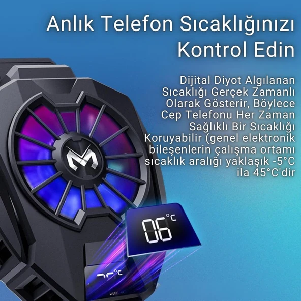 Polham 7500RPM Buz Tipi Radyatörlü Led Işıklı Telefon Soğutucu Fan, Sıcaklık Göstergeli Sessiz Soğutucu - 11