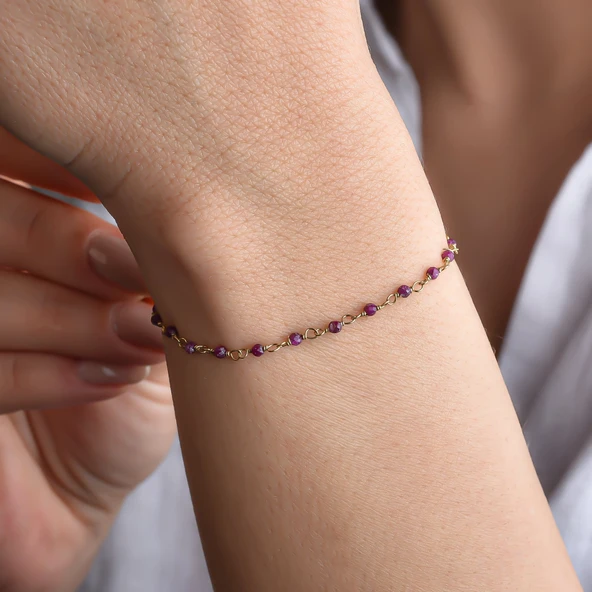 14 Ayar Altın Kaplama Yakut Renk Doğal Taşlı El Yapımı Gümüş Bileklik - CBS00126 - 2