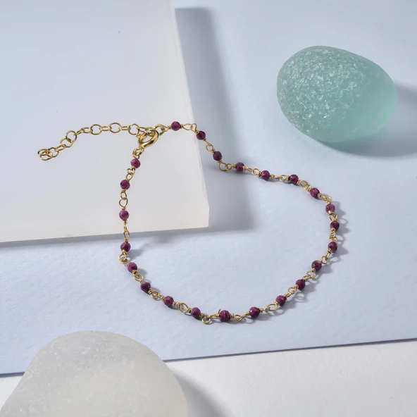 14 Ayar Altın Kaplama Yakut Renk Doğal Taşlı El Yapımı Gümüş Bileklik - CBS00126