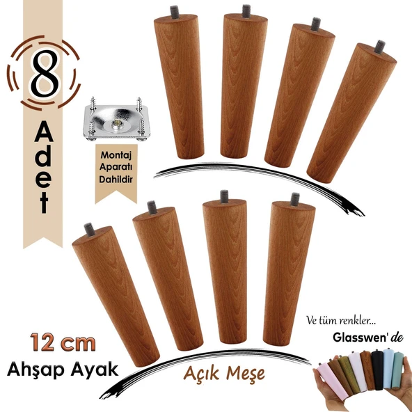 8 Adet Ahşap Ayak 12 Cm Açık Meşe M8 Civatalı Bağlantı Aparatlı Dolap Mobilya Koltuk Kanepe Destek Ayağı Ayakları ürün görseli