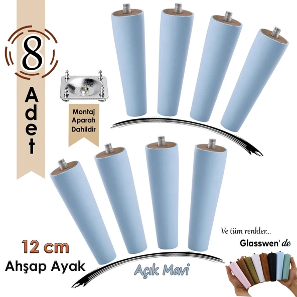 8 Adet Ahşap Ayak 12 Cm Açık Mavi M8 Civatalı Bağlantı Aparatlı Dolap Mobilya Koltuk Kanepe Destek Ayağı Ayakları ürün görseli