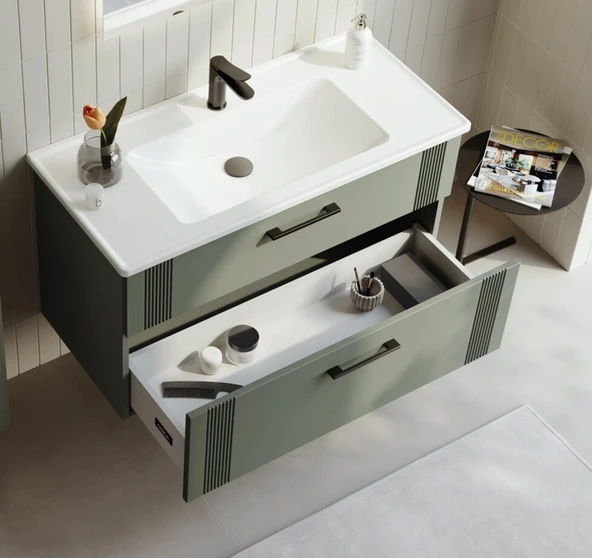 Orka Bari 100 cm Mat Yeşil Banyo Dolabı Alt Modül ve Lavabo - 2