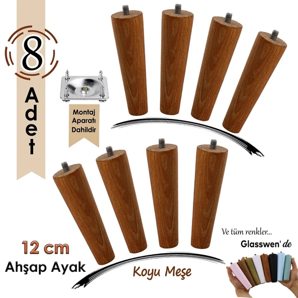 8 Adet Ahşap Ayak 12 Cm Koyu Meşe M8 Civatalı Bağlantı Aparatlı Dolap Mobilya Koltuk Kanepe Destek Ayağı Ayakları ürün görseli