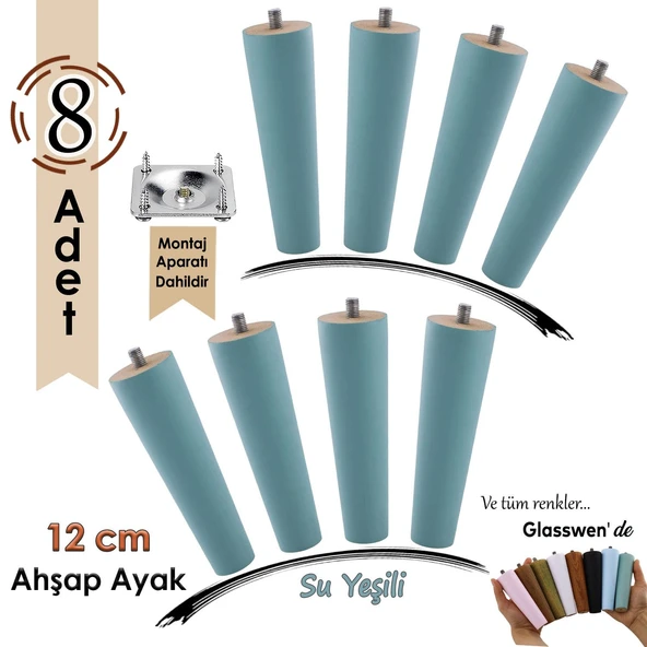 8 Adet Ahşap Ayak 12 Cm Su Yeşili M8 Civatalı Bağlantı Aparatlı Dolap Mobilya Koltuk Kanepe Destek Ayağı Ayakları ürün görseli 1