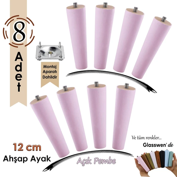 8 Adet Ahşap Ayak 12 Cm Açık Pembe M8 Civatalı Bağlantı Aparatlı Dolap Mobilya Koltuk Kanepe Destek Ayağı Ayakları ürün görseli