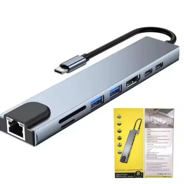USB-C 8 in 1 Çoklayıcı PD100W Hızlı Şarjlı 2xUSB-A 2xUSB-C HDMI SD TF Kart Girişli Adaptör - 3