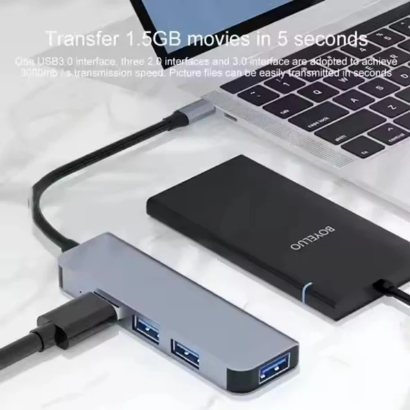 USB-C Çoklayıcı 4xUSB-A 3.0 Portlu Yüksek Hızlı Veri Aktarımlı Metal Gövdeli Adaptör - 2
