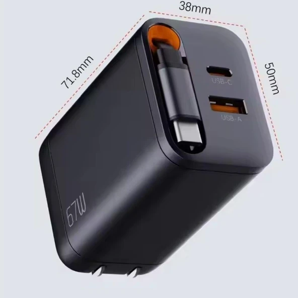 FC23 67W GaN Hızlı Şarj Adaptörü USB-C Kablolu PD Destekli 1xUSB-A 1xUSB-C Girişli Şarj Cihazı