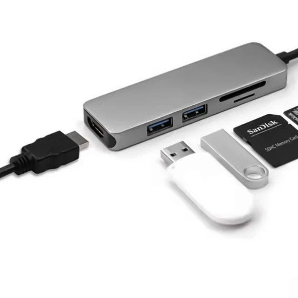 FH26 USB-C 5 in 1 Çoklayıcı 3xUSB-A 3.0 TF SD Kart Girişli Hızlı Veri Aktarımlı Hub Adaptör - 2