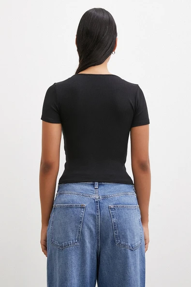 Kare Yaka T-shirt Siyah - 6