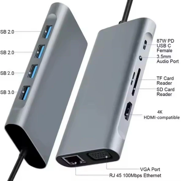 USB-C 11 in 1 Çoklayıcı PD100W Hızlı Şarjlı VGA Ethernet HDMI USB-A SD TF Girişli Adaptör