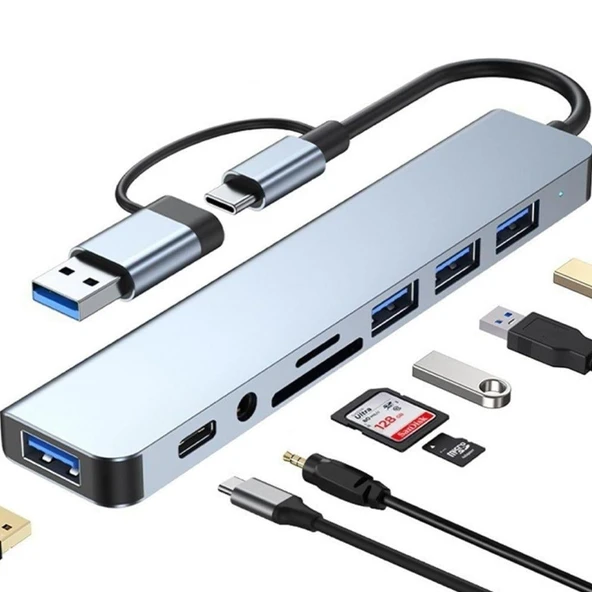 FH27 USB-C Çoklayıcı 3xUSB-A 3.0 3.5mm Ses Girişli USB-C + USB-A Girişli Adaptör - 3