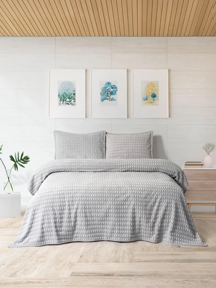 Merinos Modern Twist 3 Parça Çift Kişilik Battaniye Seti Kutulu 220x240 Açık Gri - Resim 2