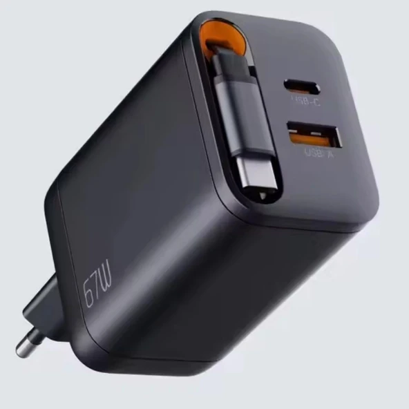 FC23 67W GaN Hızlı Şarj Adaptörü USB-C Kablolu PD Destekli 1xUSB-A 1xUSB-C Girişli Şarj Cihazı - 3