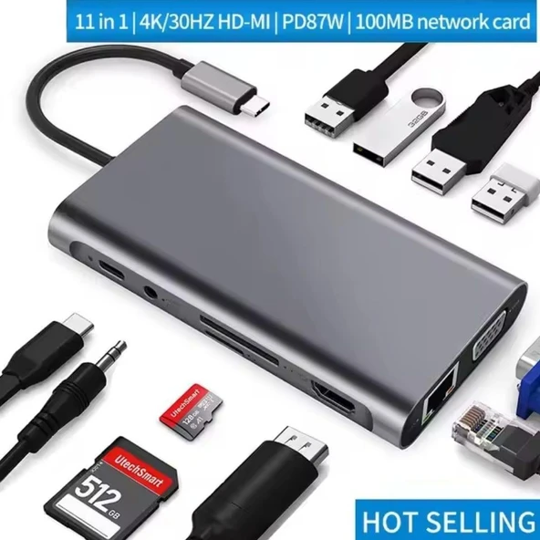 USB-C 11 in 1 Çoklayıcı PD100W Hızlı Şarjlı VGA Ethernet HDMI USB-A SD TF Girişli Adaptör - 2