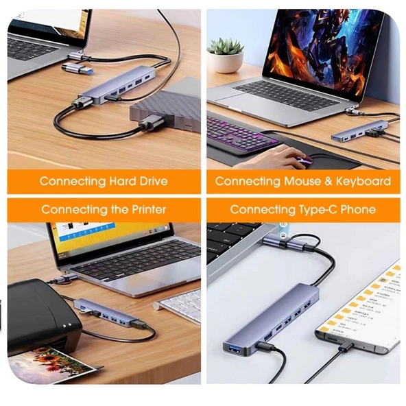 FH28 USB-C Çoklayıcı 5xUSB-A 3.0 2xUSB-C Portlu USB-C + USB-A Girişli Adaptör - 2