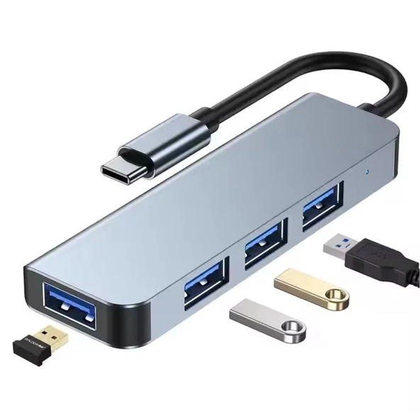 USB-C Çoklayıcı 4xUSB-A 3.0 Portlu Yüksek Hızlı Veri Aktarımlı Metal Gövdeli Adaptör