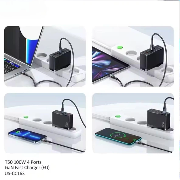 FC24 100W GaN Hızlı Şarj Adaptörü 3xUSB-C 1xUSB-A Girişli PD Destekli Çoklu Şarj Cihazı