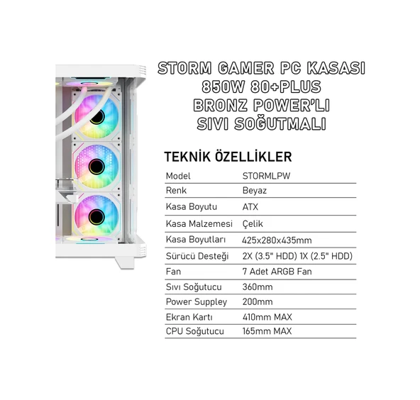 Gameagle STORMLPW Storm 7 Argb Fanlı Gamer Bilgisayar Kasası 850w 80+ Plus Bronz Power'lı Sıvı Soğutmalı Beyaz - 3