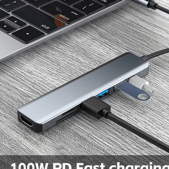 USB-C 7 in 1 Çoklayıcı PD100W Hızlı Şarjlı 4K 60Hz HDMI USB-A SD Kart Girişli Adaptör
