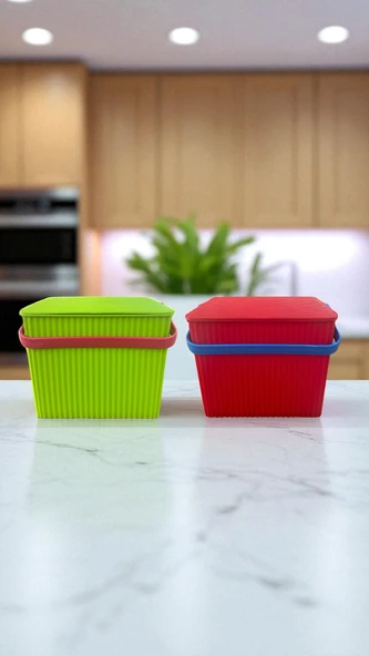 Rainbow 2'li Yeşil Kırmızı Kare Kova Piknik Sepeti Meyve Kovası