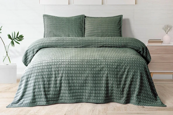 Merinos Modern Twist 3 Parça Çift Kişilik Battaniye Seti Kutulu 220x240 Haki